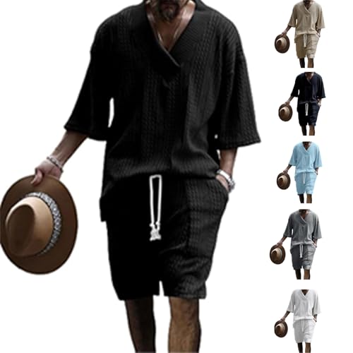 Conjunto de camiseta casual de punto trenzado para hombre, conjunto de jacquard Athleisure Cable para hombre, cuello en V, manga 3/4 y pantalones cortos, Negro, M