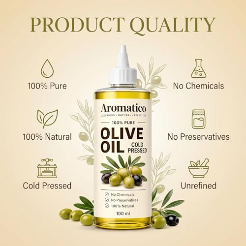 Image of Aromatico Olive Oil Extra Virgin 100% Pure Cold Pressed Oil for Hair, Skin & Body Deep Nourishment | Rich in Antioxidants | Multipurpose Natural Oil - 100ml