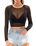 Mangopop Women's Long Sleeve Mesh Crop Tops Tee Blouse (Small, Scoop Neck)