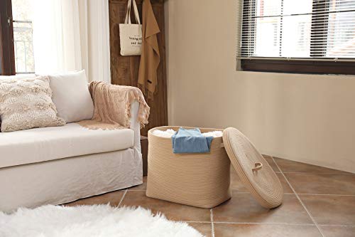22"X14"X18" Rectangular Extra Large Storage Basket With Lid, Cotton Rope Storage Baskets, Laundry Hamper, Toy Bin, For Toys Blankets Storage In Living Room, Baby Nursery, All Beige #TOP4