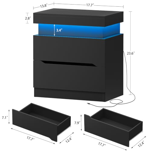 Image of TEENFON Nightstands Set of 2, Night Stand with 2 Drawers, Nightstand with App-Controlled Adjustable LED Light, Bedside Table with Slidable Hidden Storage Space, Modern Nightstands for Bedroom,Black