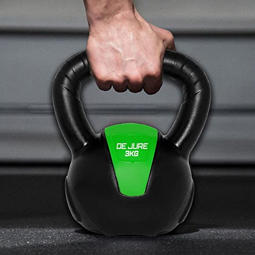 Image of De Jure Fitness PVC Kettlebell 3kg for Men & Women, Strength & Cardio Training, Soft Grip, Crushed Concrete Filled, Full Body Workout Equipment for Home & Gym (Green Black)