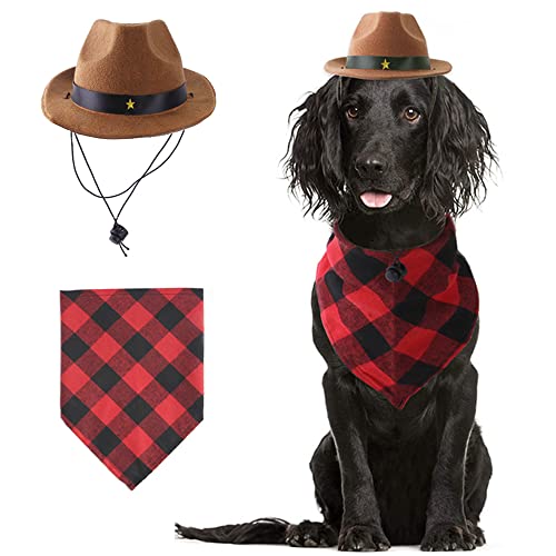 Aniac Pet Dog Cowboy Hat And Plaid Bandana Set Cat Cowboy Costume Puppy Adjustable Cowboy Cosplay Cap With Scarf For Birthday Halloween Holiday Festival And Daily Wear (Brown) #TOP30