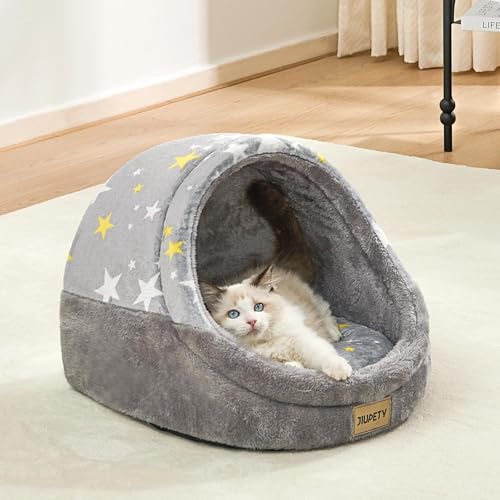 Jiupety Nettes Katzenhöhle, Katzenhaus Katzenkorb, Katzenbett mit rutschfestem Boden, Katzenkörbchen mit waschbare abnehmbare Kissen, M(41 cm x 41 cm x 33 cm), Gray