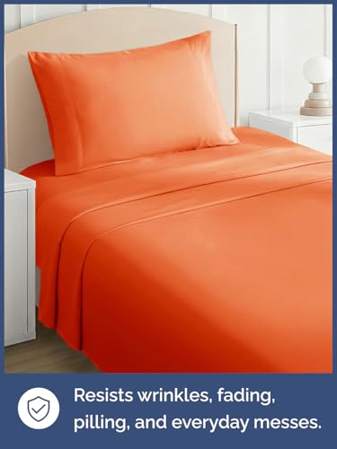 Image of Kids Twin Size Bed Sheet Set - 3 Piece Kids Loft Bed Sheets - Solid Orange Themed Bedding - Soft, Cute and Cozy - Breathable and Machine Washable - Bedding for Boys, Girls, Teens & Toddlers - Oeko-Tex