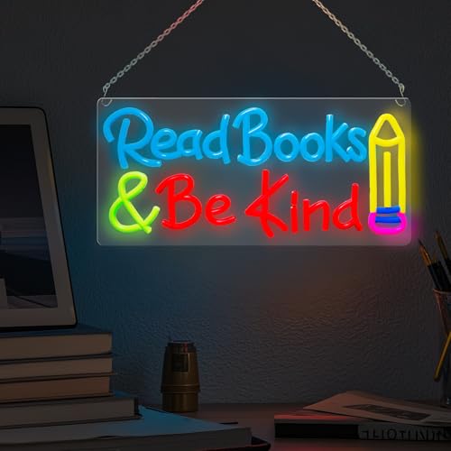 Image of Read Books Be Kind Neon Sign for Wall Decor Dimmable Read Books Neon Light for Classroom LED USB Classroom Sign for Bookstore Library Museum Study Room Christmas Birthday Gift Size 14.2In*7.1In