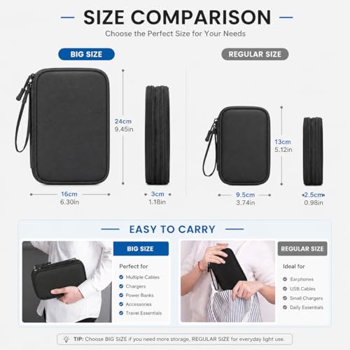 Image of SaleOn 9x6 Inch 2 Layer Travel Organizer Pouch for Gadgets Cables Chargers Power Bank Cable Organiser Tech Bag Laptop Accessories Travel Pouch for Men (Black)