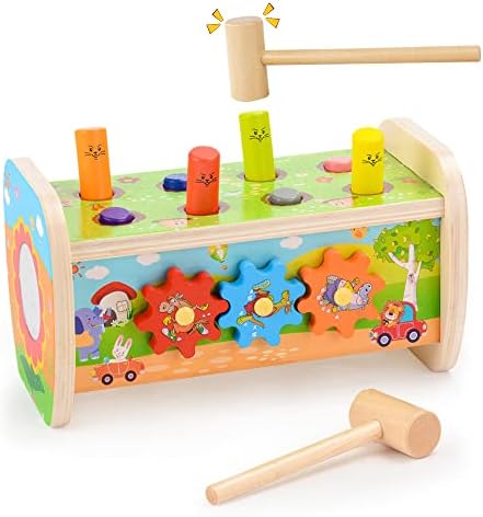 Wooden Hammering Pounding Toy for Toddlers Age 3+, Montessori Early Learning Development Toy with Pounding Bench, Gears, Digital Clock, Mirror, Fine Motor Skills, Ideal Gift for Boys and Girls