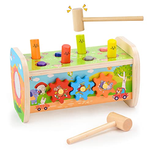 Wooden Hammering Pounding Toy For Toddlers Age 3+, Montessori Early Learning Development Toy With Pounding Bench, Gears, Digital Clock, Mirror, Fine Motor Skills, Ideal Gift For Boys And Girls #TOP2