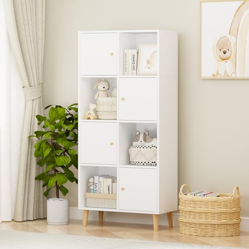 HaodaCulture Libreria con Puertas, Estante Blanco con 8 Compartimentos, Estantes de Almacenamiento, Estantería de Archivo para Sala de Estar, para Estudio, Dormitorio y Salon