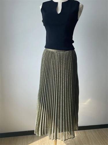 Women's Solid Pleated Midi Skirt Elastic Waist Loose Fit Casual Daily Skirt2
