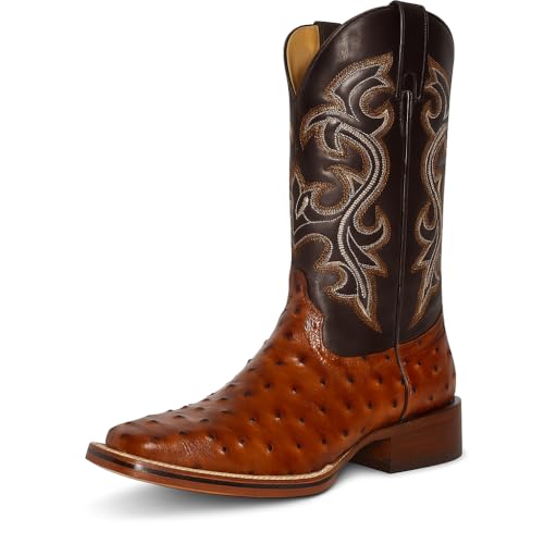 Men’s Genuine Leather Exotic Full Quill Ostrich Print Square Toe Cowboy Western Boots - Cognac