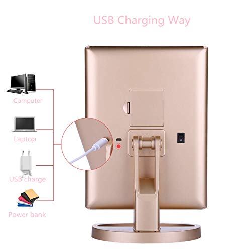 EMOCCI Lighted Makeup Mirror Tri-Fold Cosmetic Vanity Mirrors with 21 led Lights 3X 2X 1 Magnification USB Charging 180 Degree Rotating for Travel Dressing Bedroom Countertop Tabletop(Gold)