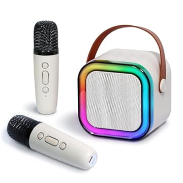 Pequeno portátil Bluetooth microfone karaoke caixa de som, Luzes LED dinâmicas embutidas, com 2 microfone sem fio, para infantil adultos familiares, ar livre, fogueira, festa presente