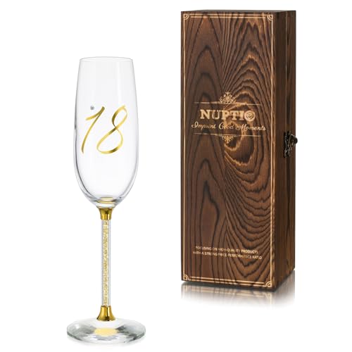 Nuptio Champagne Copas 18 Regalos: Cristal Flauta Oro Cumpleaños Personalizadas con Caja Madera para Mujer Chica 7.04oz