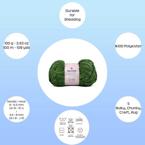 Image of Cuddly Velvet Chenille Yarn, Super Soft Fluffy Bulky for Knitting Crocheting Blanket Amigurumi, Durable for Shedding, 100 Gram (3.53 Ounces) 109 Yards (100 Meters) (Green) (3 Skeins)