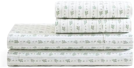 Martha Stewart Prairie Stripe 300TC 100% Cotton Percale Sheet Set, Green/White, 4 Piece - 1 Flat Sheet, 1 Fitted Sheet, 2 Std Pillowcases, Breathable Cotton Printed Bed Sheets, Queen Size - Thumbnail 4