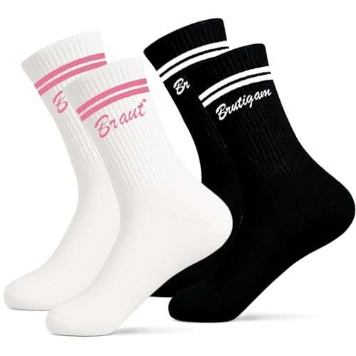 Scinzene 2 Paar Braut & Bräutigam Socken Set Aus Baumwolle - Lustige Hochzeitsgeschenke Für Brautpaar & Geschenke Zur Hochzeit, Geschenk Hochzeit, Hochzeitsgeschenk Für Brautpaar Weiß Schwarz