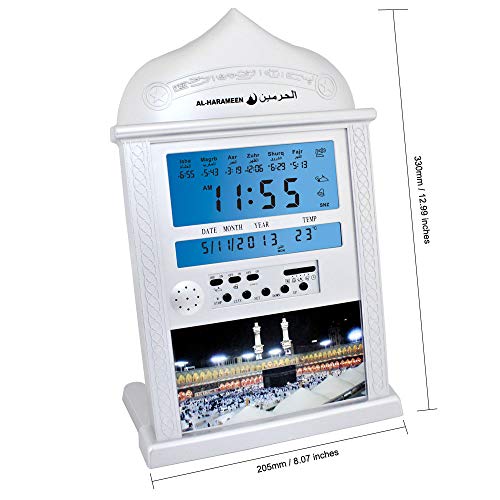 LOLODAY Muslim Azan Prayer Clock All Prayers Full Azans 1150 Cities Azan Clock (White)