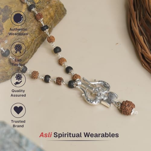 Image of Original Rudraksha & Karungali Mala 8mm 54 Beads with Shiva Trishul Pendant | Authentic Ebony Wood Spiritual Necklace for Protection, Meditation, Focus & Positive Energy | Prayer Mala for Men & Women | Certificate of Authenticity
