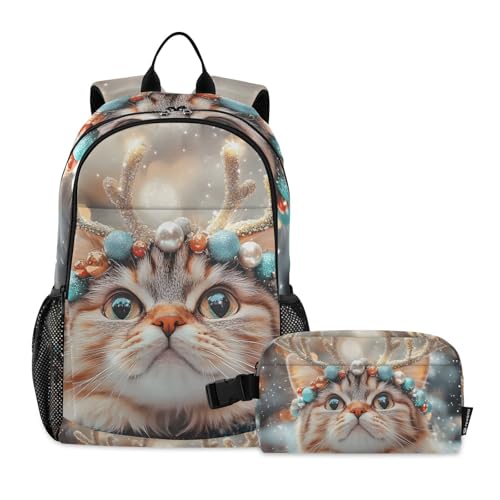 Cat with Horn Backpack Lunch Bag Set for Travel Hiking Picnic, Backpacks with Insulated Lunch Box