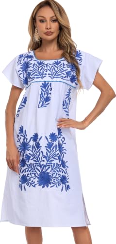 Image of YZXDORWJ Women Mexican Embroidered Long Dress Ruffle Collar Maxi Boho Floral Summer Short Sleeve