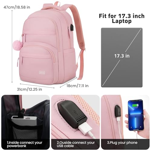 Image of YAMTION School Backpack for Teen Girls,Cute Kid Bookbag for Back to School Student Fit 17.3 Inch Laptop College Travel,Pink