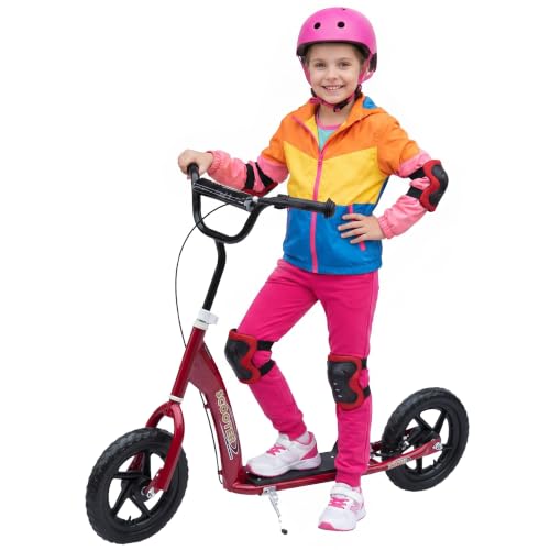 HOMCOM Trottinette patinette Enfants à partir de 5 Ans pneus 30 cm Guidon réglable poignée Frein et béquille Acier Rouge