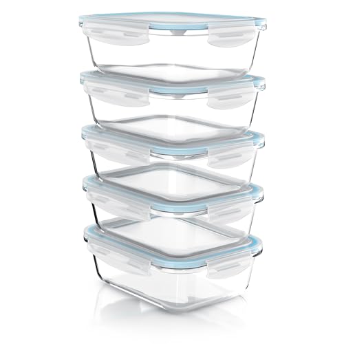 Arendo - Glas Lunchboxen Frischhaltedosen für Lebensmittel mit Deckel luftdicht - 5er Set - 1050 ml - für Mikrowelle Ofen Gefrierschrank - Spülmaschinen geeignet - Vorratsdosen Meal Prep Boxen Set