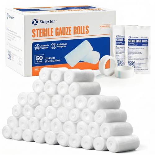 Image of Sterile Gauze Rolls, 2in x 4.1 Yards, 50 Pack Conforming Stretch Gauze Bandage, Firm Support for Dressings and Splints, Latex-Free First Aid Supplies Individually Wrapped with Bonus Tape