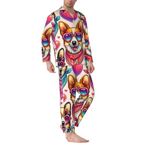 Mens Long Sleeves Pajama Set Colorful Dogs Love Sunglass Cozy Two-Piece Loungewear For Nighttime Comfort,Casual Wear3