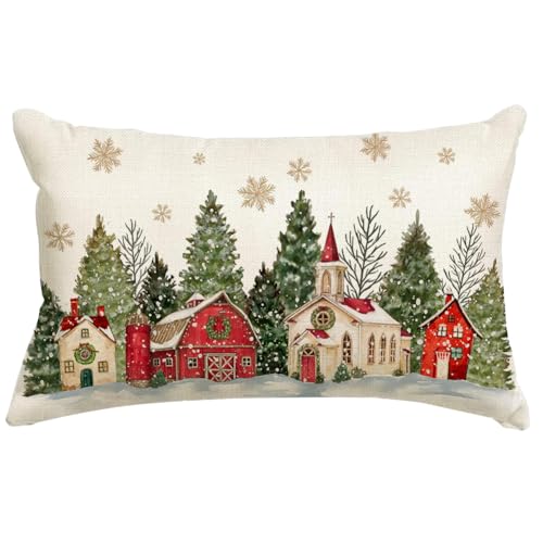RABUSOFA Christmas Pillow Covers 12x20 Inch Christmas Tree Decoration Golden Snowflake Lumbar Decorative Throw Pillows Winter Holiday Christmas Decor Farmhouse for Home Couch