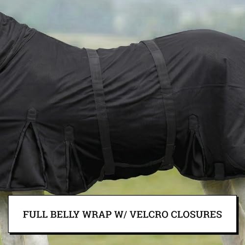 Image of Horse Fly Sheet with Attached Neck Cover & Tail Flap | UV Protection Mesh Horse Blanket, Full Body Bug & Sun Shield, Buckles, Belly Wrap & Gussets for Spring Summer Riding Rug (Black, 68 inch)