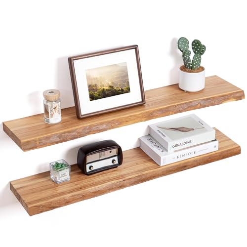 Image of Floating Shelves for Wall Decor, Rustic Solid Elm Wood Live Edge Floating Shelves Wall Mounted, Wall Shelves with Invisible Bracket for Living Room Bathroom Bedroom Kitchen, 36 Inch Set of 2, Natural
