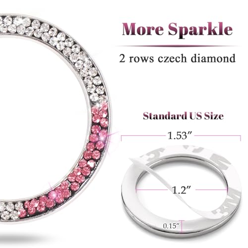 Image of ToBeQueen White Pink Bling Push Start Button Cover Emblem Sticker, Crystal Diamond Rhinestone Push Start Ring Car Decor, Pink and White Bling Car Accessories