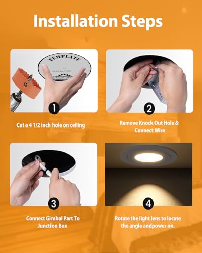 Image of POPANU Gimbal LED Recessed Light - 4 Inch Black 9W 360 Rotation Directional Adjustable Eyeball Sloped Ceiling Recessed Lighting 4 inch Light Wafer Soffit Indoor Spotlight Canless Black 4 inch 6 Pack