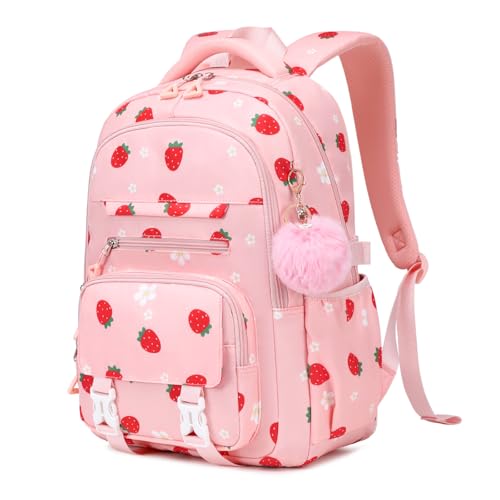 ASKSKY Girls Backpack for School, Kawaii Bookbag for Teen Multiple Pockets School Bag for Primary Elementary Middle School,Age 6-14, Pink Strawberry by ASKSKY - Used condition - US$18.16