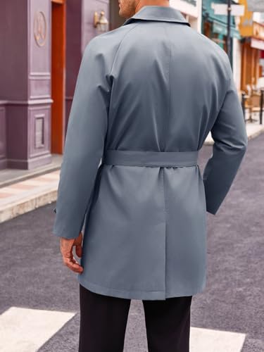 Image of Runcati Mens Trench Coat Double Breasted Mid Long Jacket Casual Belted Overcoat Notched Lapel Windbreaker
