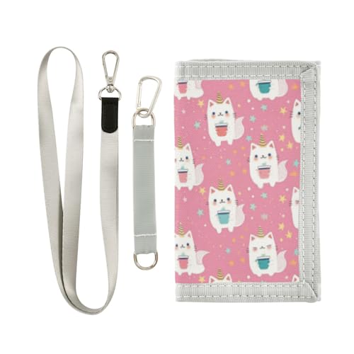 Wusikd Cat Unicorn Horn Kids Wallet for Boys Girls Pink Colorful Stars Toddler Trifold Wallet Novelty Wallet for Teens Women Men