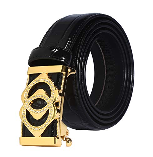 Men's Diamond Automatic Buckle Crocodile Pattern Italian Leather Belt (Black Gold, 120cm/47.3inch(Fit 26-44)(Can be cut))