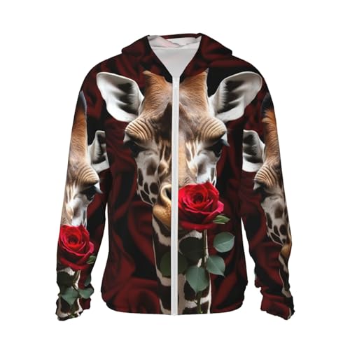 Veste à capuche UPF 50+ manches longues anti-UV motif girafe et fleur avec poche