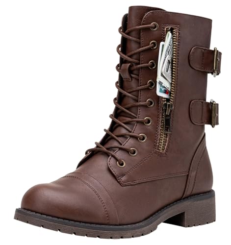 Vepose Women's Lace up Combat Boots, Mid Calf Hiking Boots, 929 - Cognac, Red Brown, Size 8.5 US - Credit Card Wallet Pocket (CJY929 Cognac 08.5)