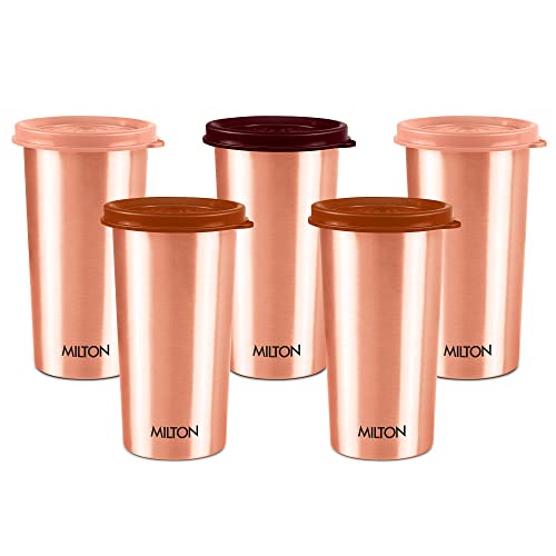 MILTON Copper Drinking Water Tumbler with Lid, Set of 5, 480 ml Each, Copper | 100% Leak Proof | Office | Gym | Yoga | Home | Kitchen | Hiking | Treking | Travel Tumbler |Multicolor
