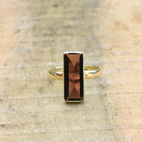 14K Yellow Gold Overlay 925 Sterling Silver Ring For Womens Natural Smoky Quartz Ring Sterling Silver Engagement Ring Bezel Set Gemstone Bar Ring4