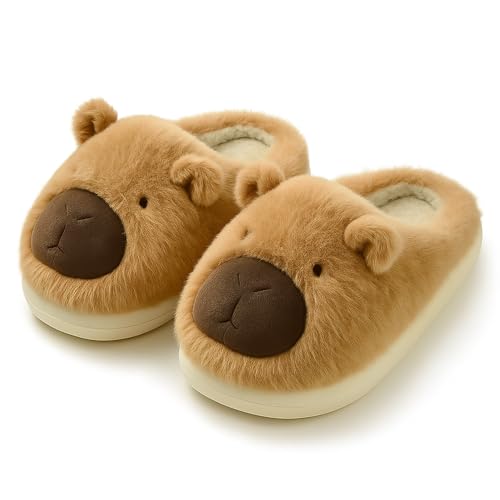 corimori Capybara - Zapatillas de estar por casa para hombre y mujer – Divertidas pantuflas de animales – Mullidas con suela de goma – Zapatos de felpa acogedores, marrón, 36/37 EU