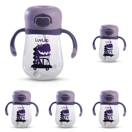 Image of LuvLap Kids Bite Resistant Soft Silicone Straw Sipper Cup with Handle, with Weighted Straw, Sippy Cup with Anti Spill Lock, BPA Free, 1 Year +, 300 ml, Purple (Pack of 5)