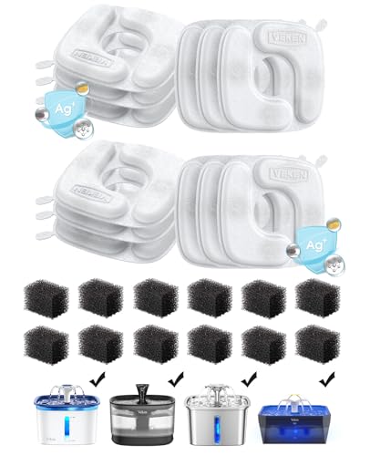 Veken Cat Water Fountain Filters, 12 Pack Replacement Filters & 12 Pack Replacement Pre-Filter Sponges Set for 50oz, 84oz, 95oz or 108oz Automatic Pet Fountain Dog Water Dispenser