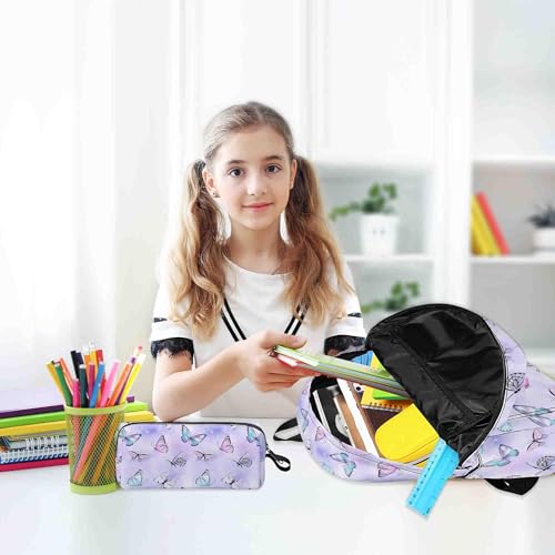 Image of Butterfly Printed Backpack Set for Girls Kids, 3Pcs Bookbag with Pencil Case for school, 17 Inch Lightweight Laptop Backpack with Lunch Bag for Women Teens Office, High School