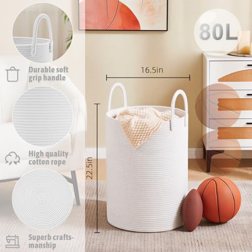 Image of Artfeel Laundry Basket,Woven Cotton Rope Laundry Hamper,80L for Decorative Storage of Dirty Clothes,Toys and Blankets in Bathroom,Baby Room and Living Room