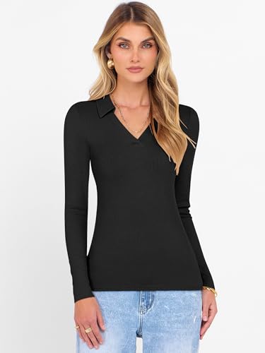 ANRABESS Women Long Sleeve Polo Shirts V Neck Slim Rib Knit Collared Dressy Business Casual Top 2025 Basic Tee Fall Outfits2